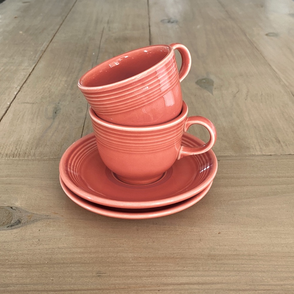 Set of 2 Fiesta Ware Coral Pink Persimmon Cups and Saucers Total 4 pieces